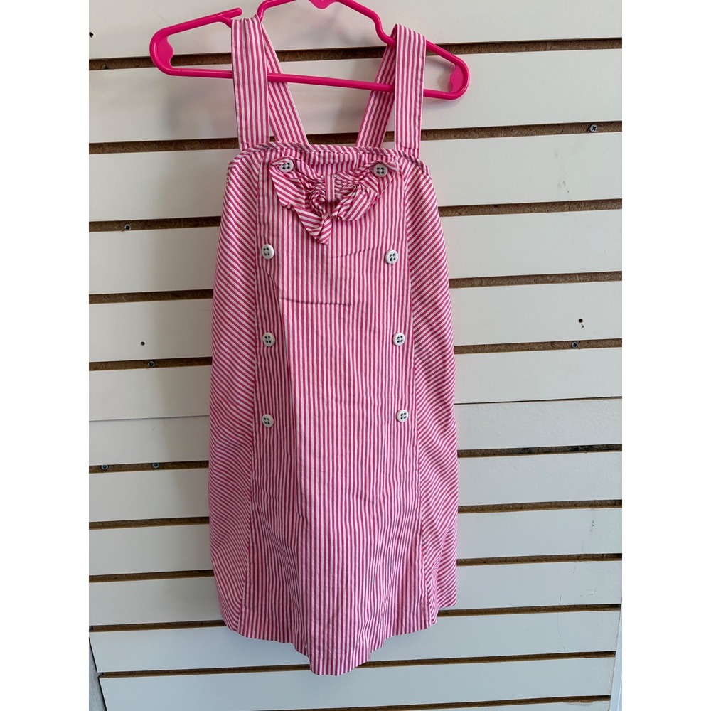 Janie and Jack Girls Pink White Striped Bow Dress Size 6 Cotton Lined seersucker